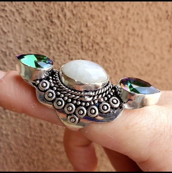 New Rainbow Moonstone & Mystic Topaz Silver Statement Ring. - Picture 9 of 11